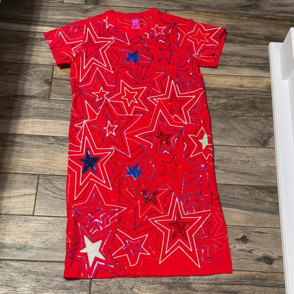 QUEEN OF SPARKLES Red Dress with Star Sequins - Picture 1 of 3
